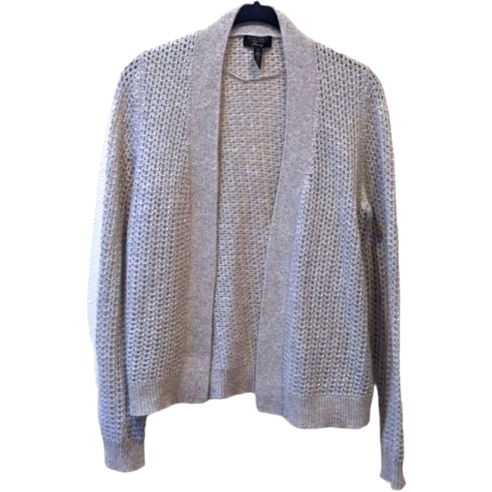 Charter Club Silver Metallic Open Weave Cashmere Blend Open Front Cardigan (S)